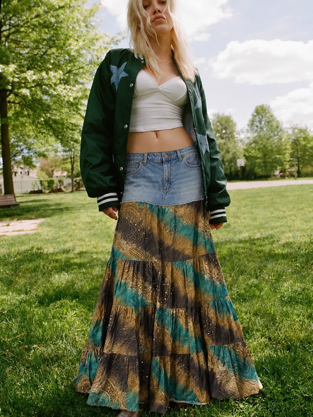 BDG NWOT Upcycle Boho Tiered Maxi Skirt with beads Denim Waistband Sz M